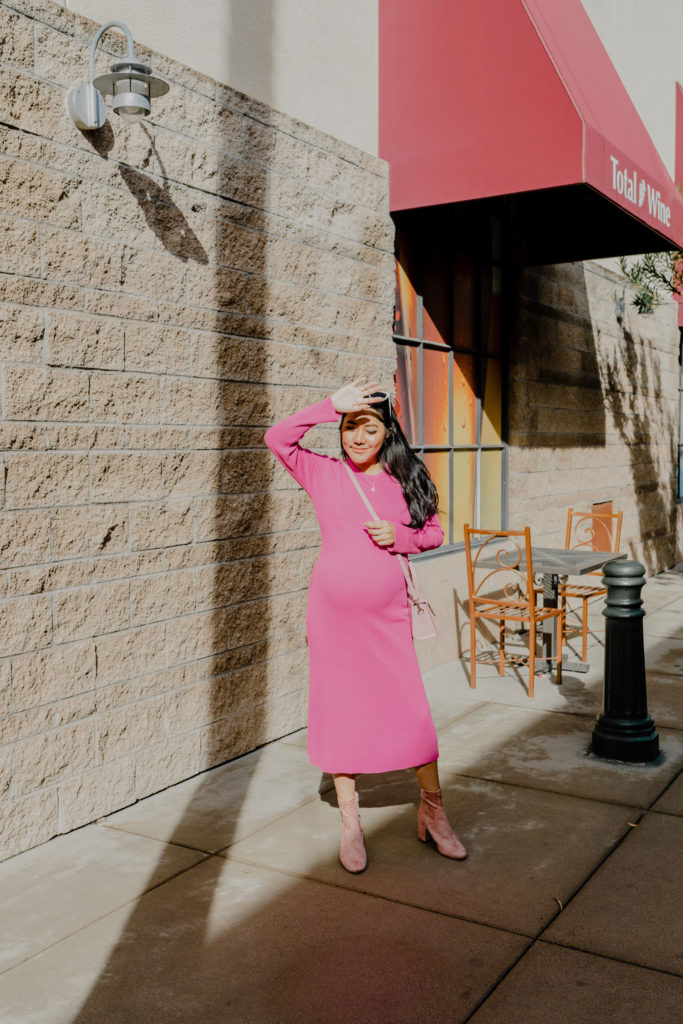 Top Handle Pink Vegan Handbag allaboutgoodvibes.com Molly Larsen Style blogger IG @thevibescloset in Pink sweater dress and pink suede boots_3